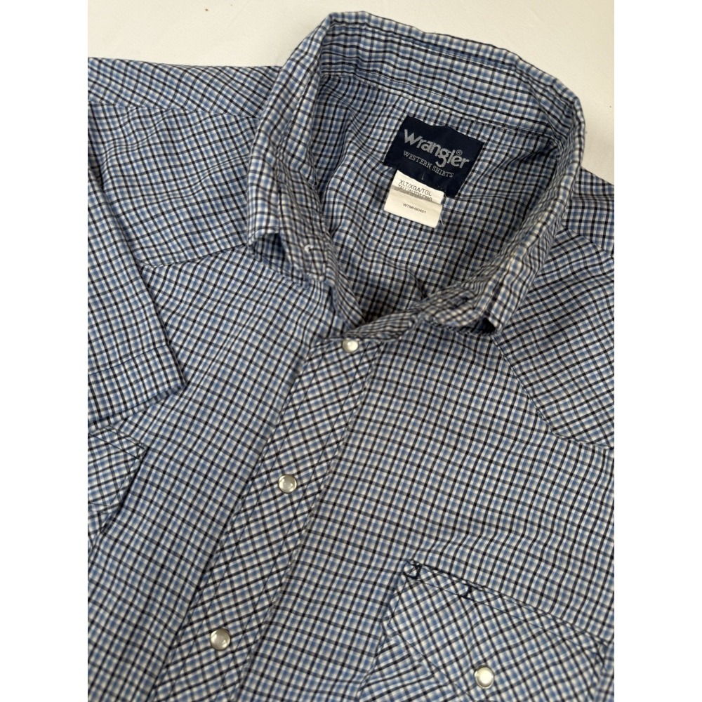 Wrangler Western Shirt XL Tall Tattersall Blue Black Pearl Snap Cowboy Rodeo